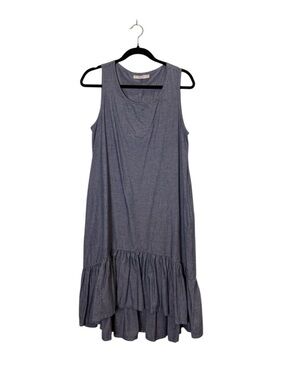 bryn Walker Women’s Lagenlook Heather Blue Cotton Ruffle Midi Dress sz XS